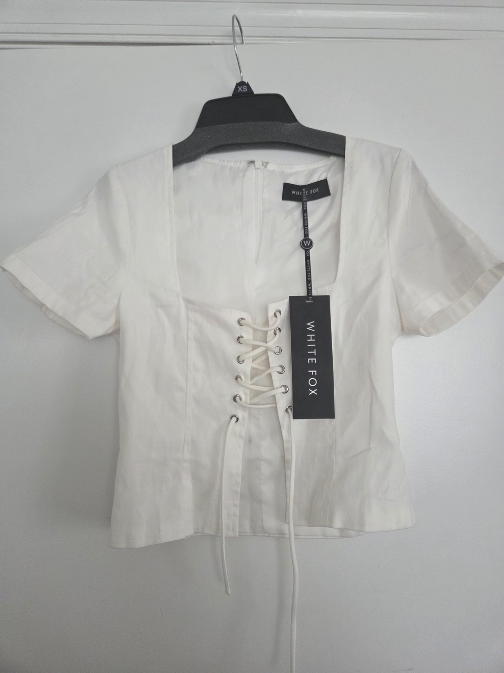 White Fox Boutique Ivory Lace-Up Square Neck Blouse